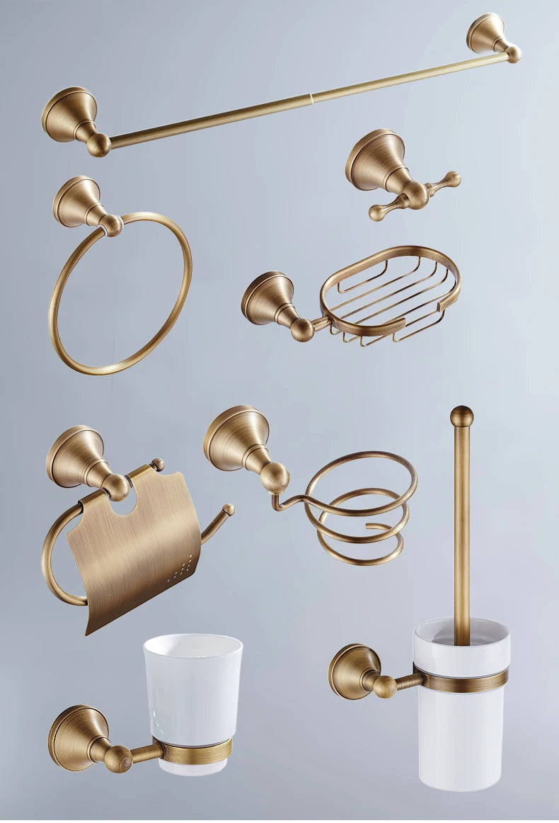 Antique brass plated wall-mounted towel rack bathroom hardware pendant set paper towel holder coat hook toilet brush ELA68A