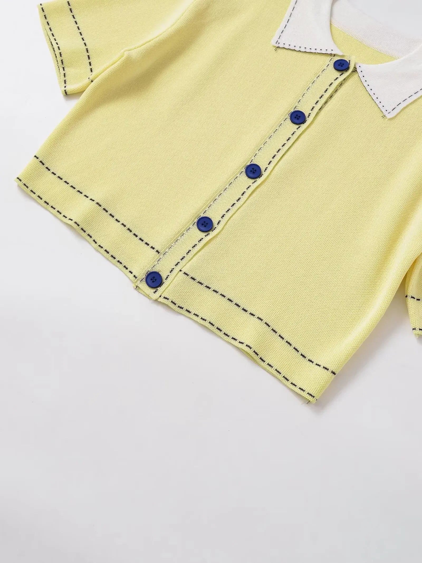 Casual Yellow Lapel Knitted Sweater Women Chic Short Sleeve Single Breasted Warm Pullover Lady Autumn Commute Street Outwear New