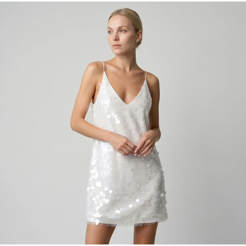 Mint Green Sequin Thin Strap Loose Mini Dress Glam Deep V Neck Sleeveless Bar Party Gown 2026 Nightclub Vacation Street Outfit