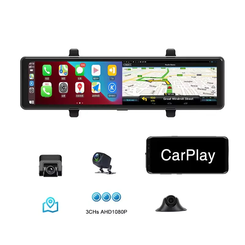 3 Cameras Dash Cam Car Play & Android Auto 2.5k 2560*1440P Rearview Mirror Video Recording WIFI Loop Record Phone APP Car DVR