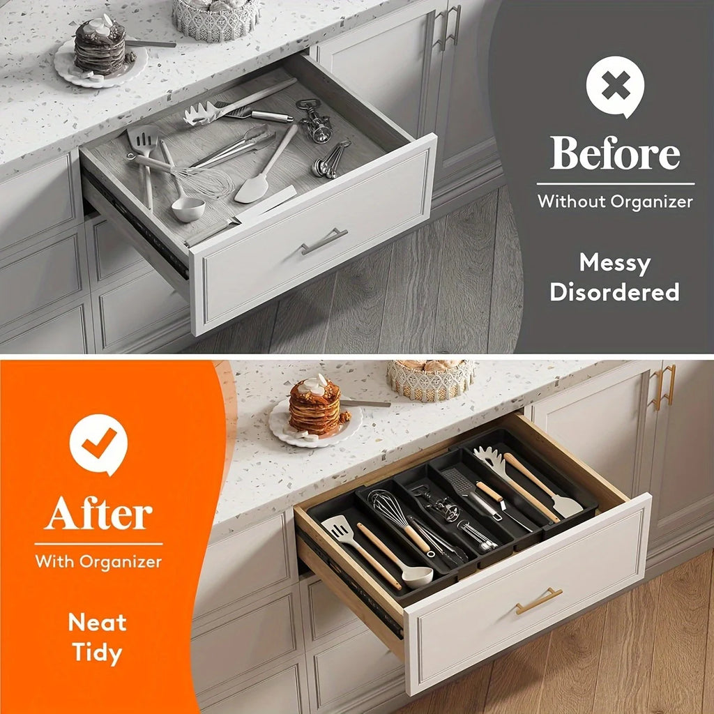 Expandable & Adjustable Large Plastic Kitchen Utensil Organizer - Cutlery Holder & Tool Divider，Kitchen Utensil Organizer