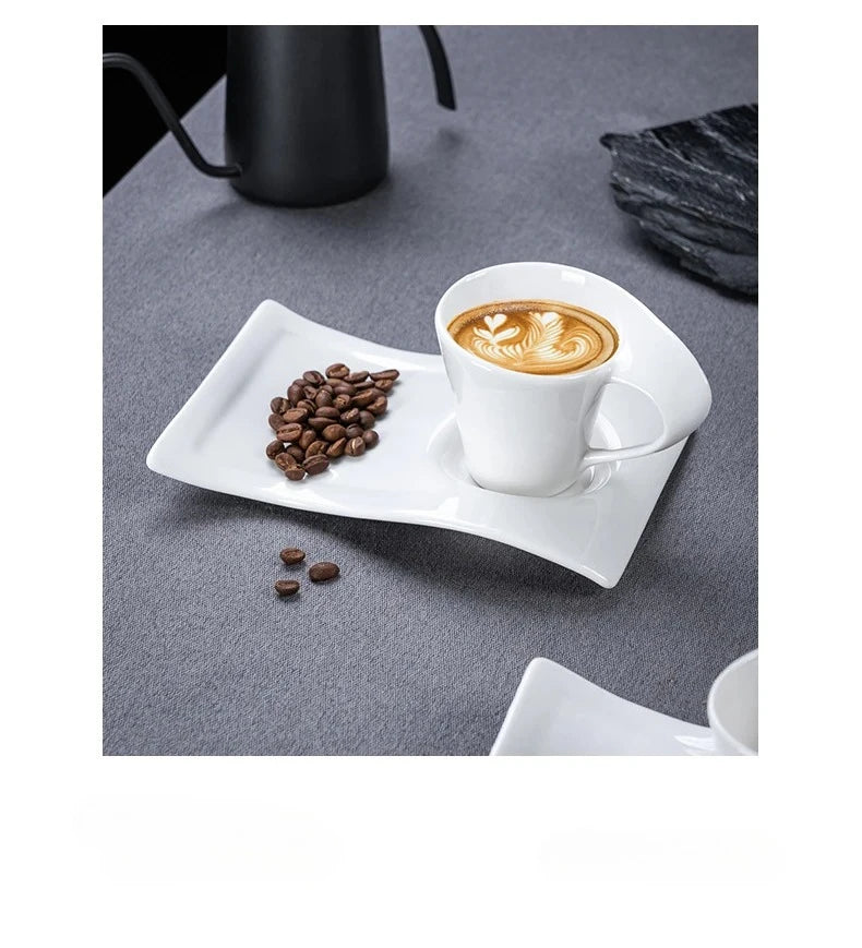 European Ceramic CoffeeCups Set with Wave Shape Plate 80 100 180 and 280ml Modern Minimalist White Cappuccino Latte Dessert Dish