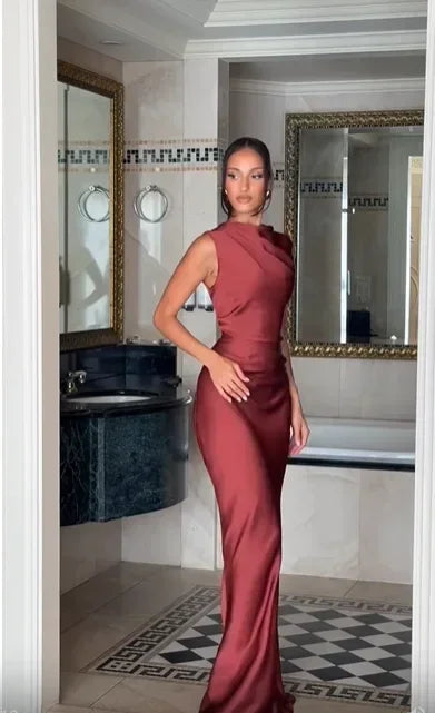 Solid Satin Cowl Neck Women's Dress Elegant Sleeveless Ruched Waist Fishtail Bodycon Lady Vestido 2026 Summer Party Dresses