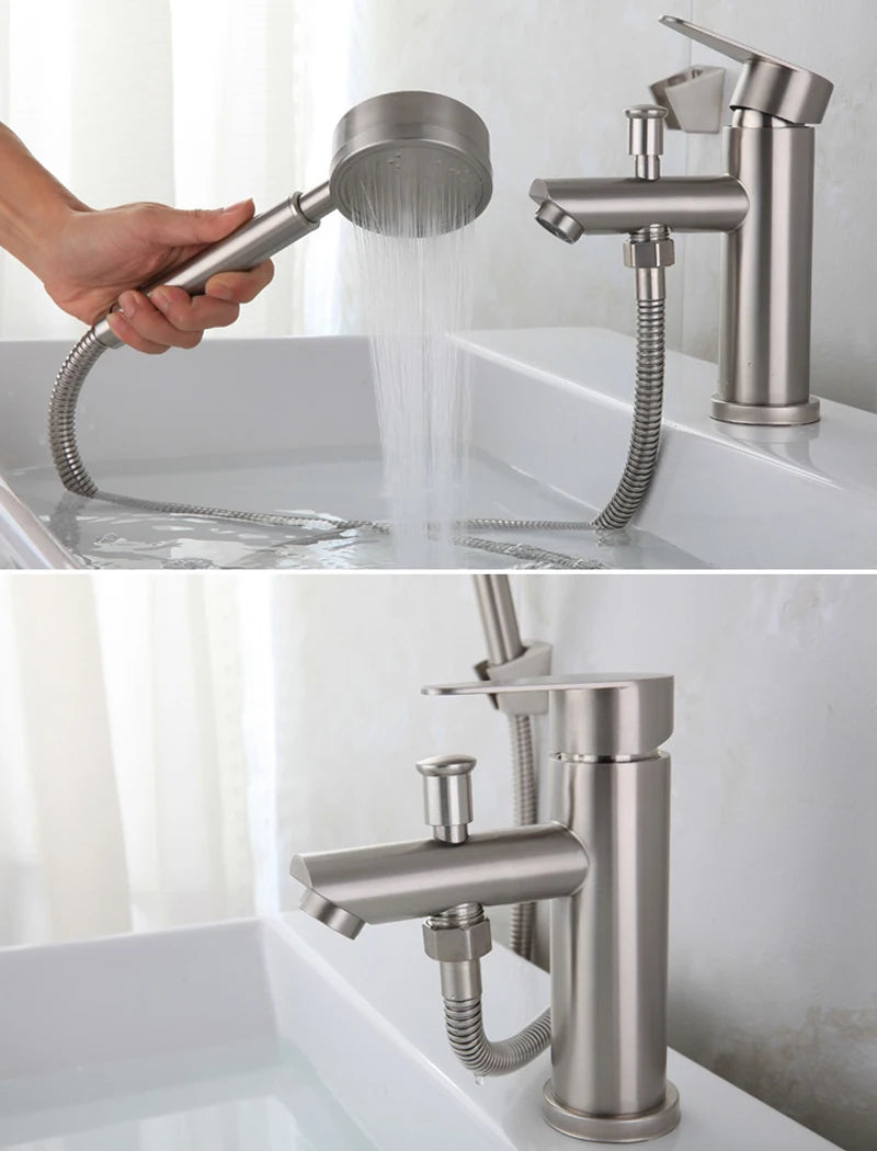 Bathroom Basin Faucet Stainless Steel Single Handle Sink Faucets Cold and Hot Water Mixer Bathtub Tap with Shower Set