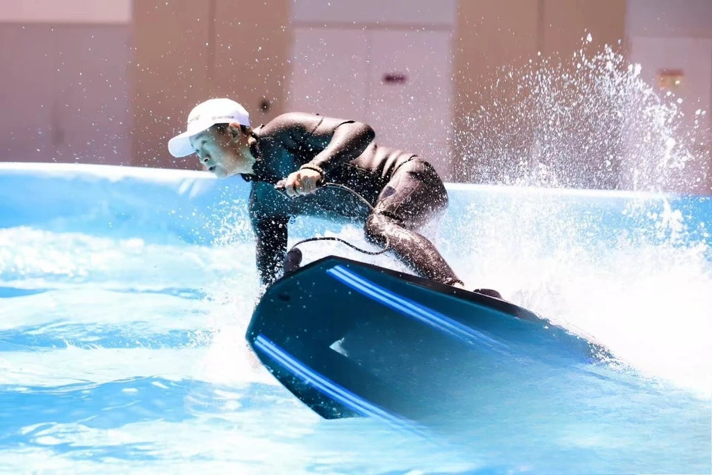 Water sports electric surfboard with power supply
