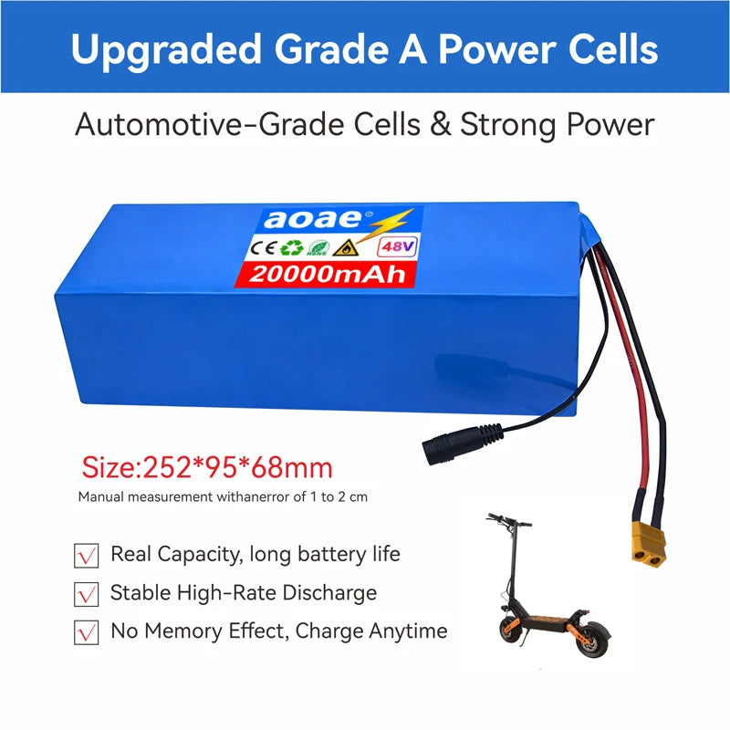 48V Electric Scooter Battery 13S5P 20Ah 18650 Grade-A Cells 2000W Built-in BMS XT60 JST High Capacity Long Range Safe & Durable