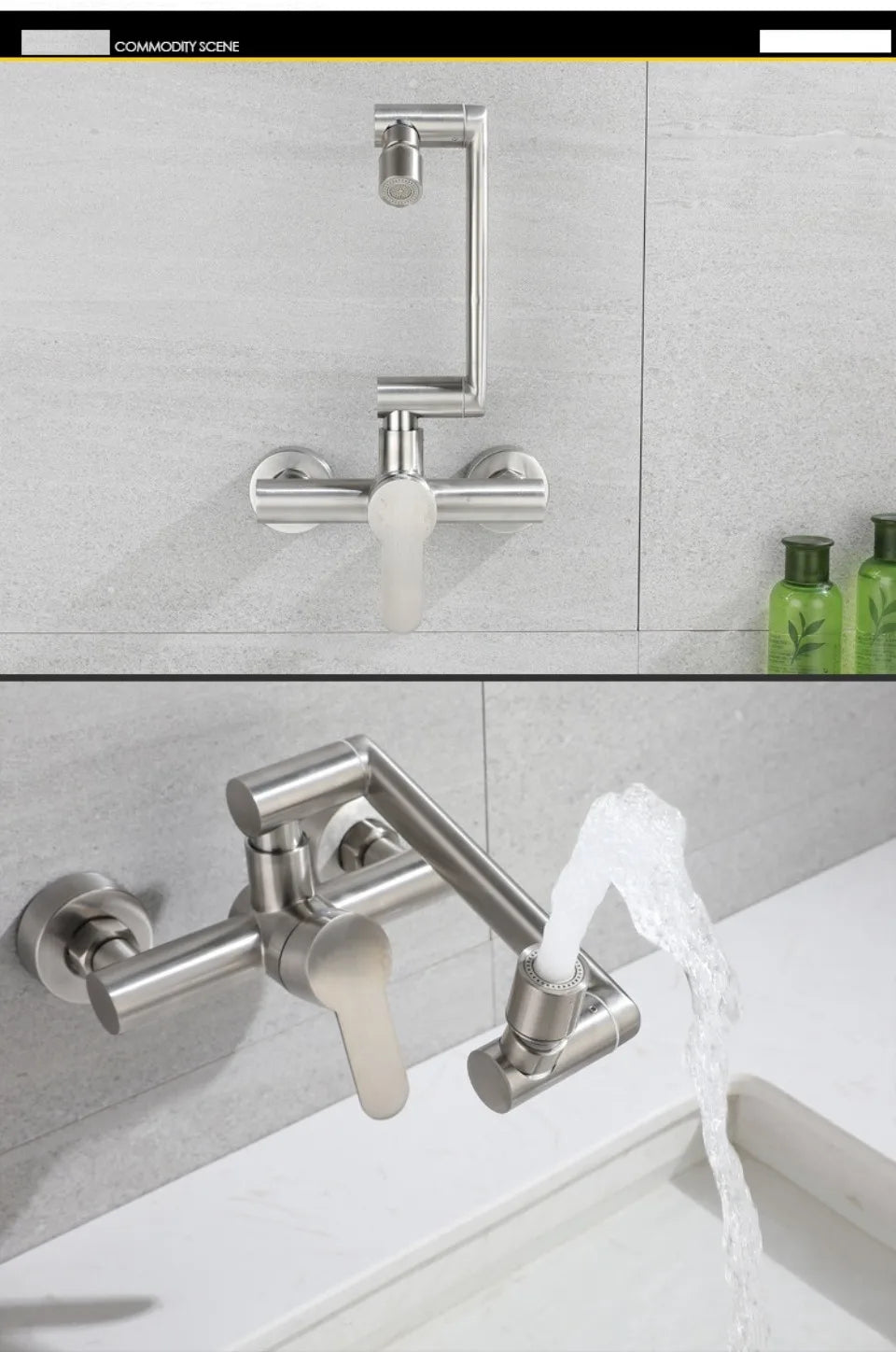 Stainless Steel Foldable Basin Faucet Wall Mounted Bathroom Kitchen Sink Washbasins Cold Hot Water Mixer Tap 360 Degree Swivel
