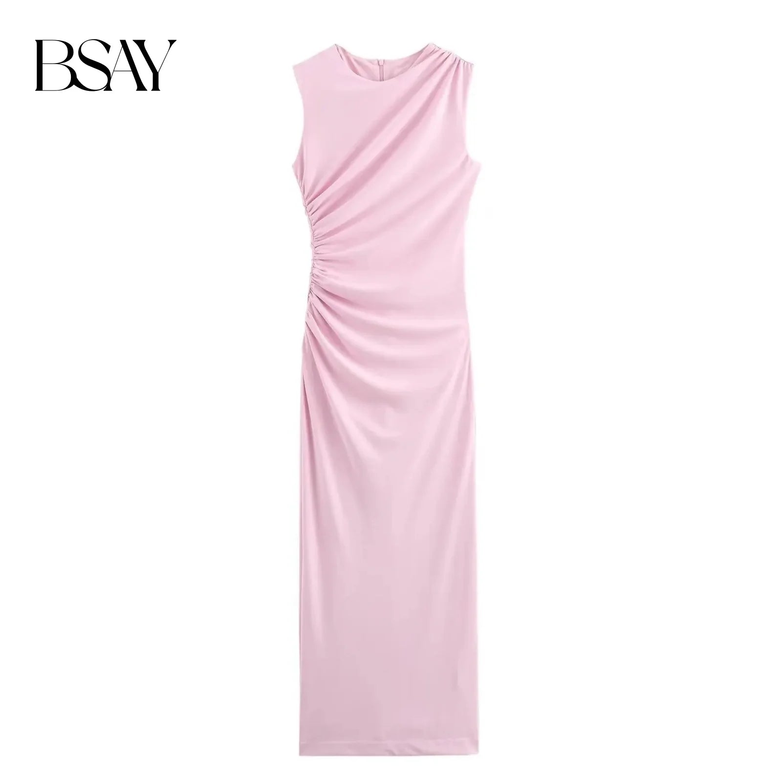 BSAY Women Fashion Summer New White Pleated Back Zip Sleeveless Crewneck Vest Long Dress Chic Female Elegant Evening