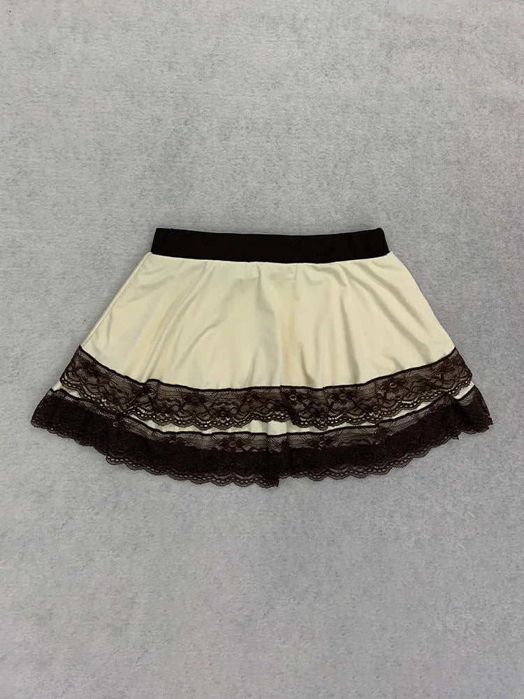 Summer Beige Lace Trim Bow Halter Skirted Bikini Set Beach Pool Vacation Cute Sweet Slim Y2K New Trendy Women's Swimsuit