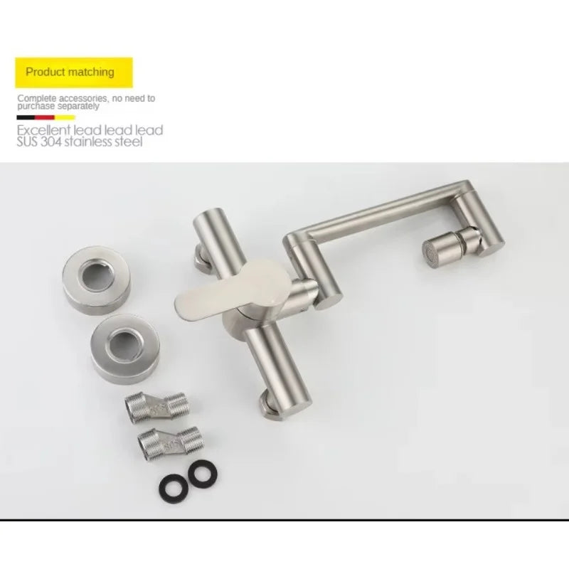 Stainless Steel Foldable Basin Faucet Wall Mounted Bathroom Kitchen Sink Washbasins Cold Hot Water Mixer Tap 360 Degree Swivel