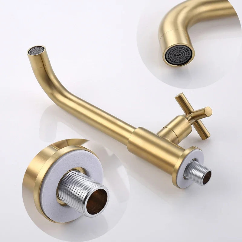 Bathroom Wall Mounted Long Mop Pool Faucet Single Cold Brass Basin Faucet Balcony Wash Basin Tap Black Brushed Gold Water Taps