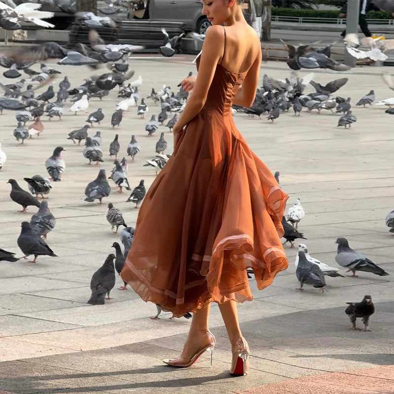 Elegant Pleated Women's Dress Sleeveless Backless Patchwork Waist-Closed Ruffle Hem Sling Maxi Dresses 2026 Summer Female Robe