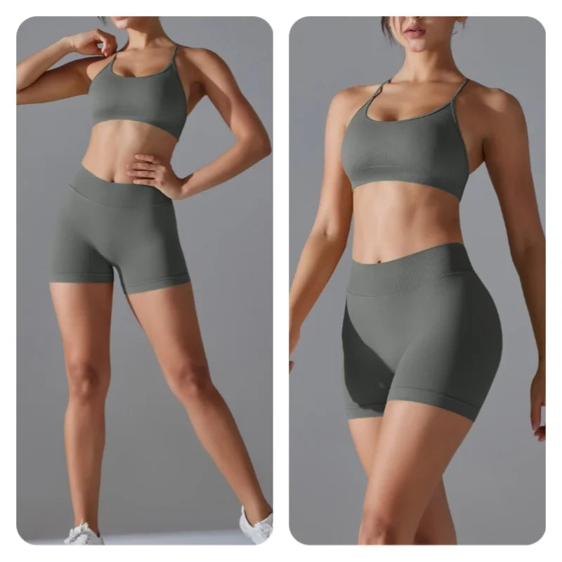 Women's Seamless Solid Color Cross Back High Elasticity Tight and Sexy Sports Bra Yoga Suit Set, Running and Fitness Two Pieces
