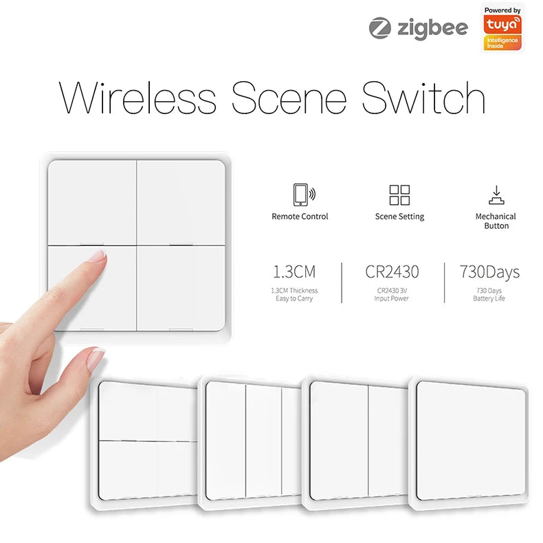 ZigBee Tuya Smart Wireless Button Switch 1/2/3/4 Gang Wiring Free Wireless Scene Switch Battery Powered Can Through Wall Control