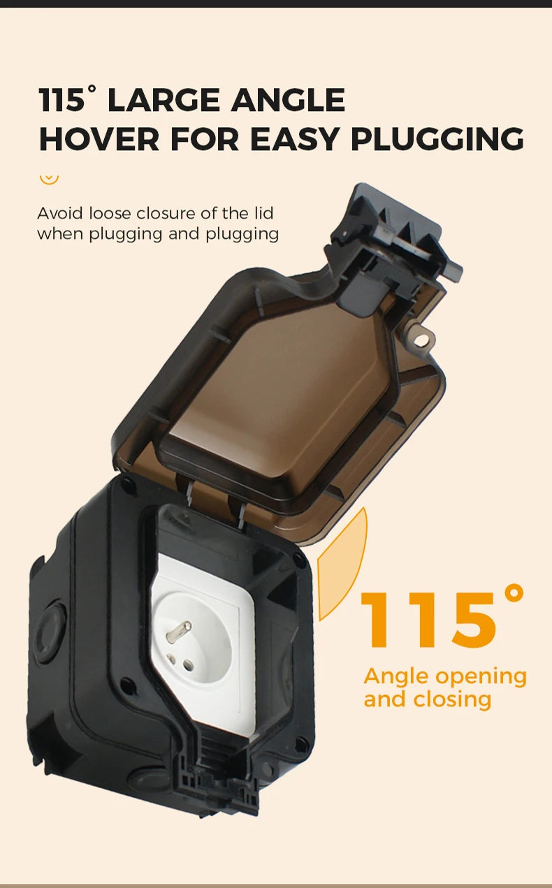 Avoir IP66 Wall Waterproof Socket Single Box Electric Outlet EU French UK Universal Standard Power Plug Outdoor Dustproof Black