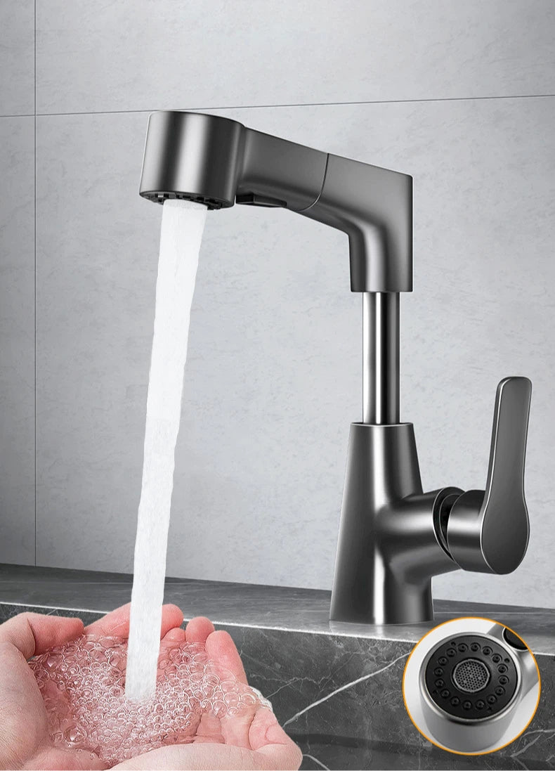 Basin Faucet Bathroom Pull Out Lift Mixer Tap Hot & Cold Water 360° Lift Up and Down Bathroom Sink Faucet