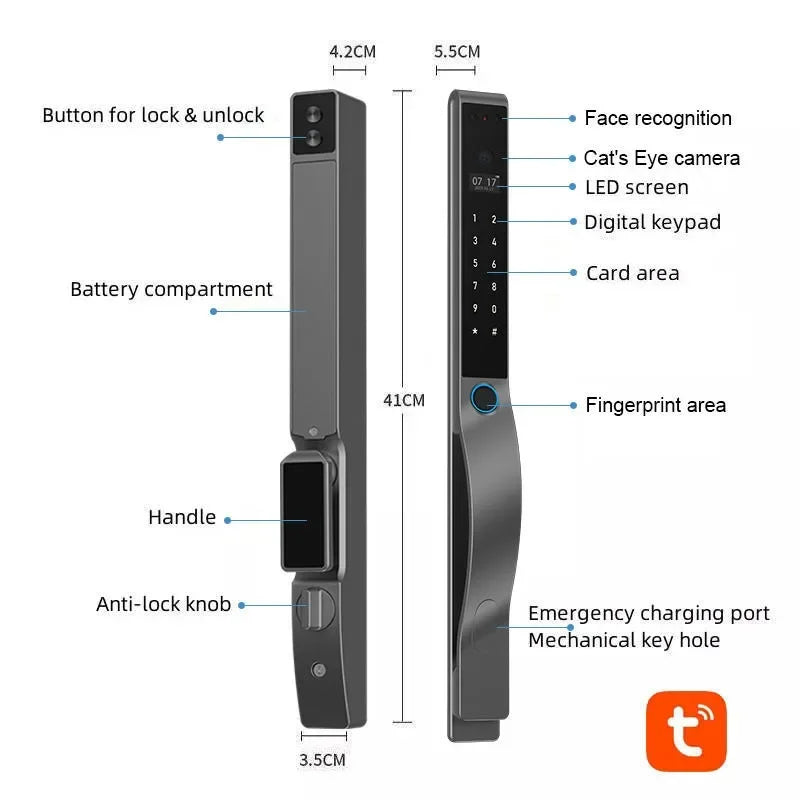 SZJN 3D Face Recognition Tuya Wifi Digital Electronic Broken Bridge Aluminum Lock Waterpoof Fingerprint Password Card Key Unlock