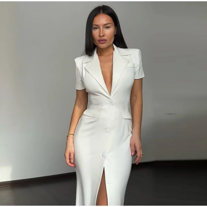 Fashion Lapel Short Sleeve Dress Women's Solid Color Single Breasted Slit Midi Dresses 2026 Summer New Lady Elegant Office Wear