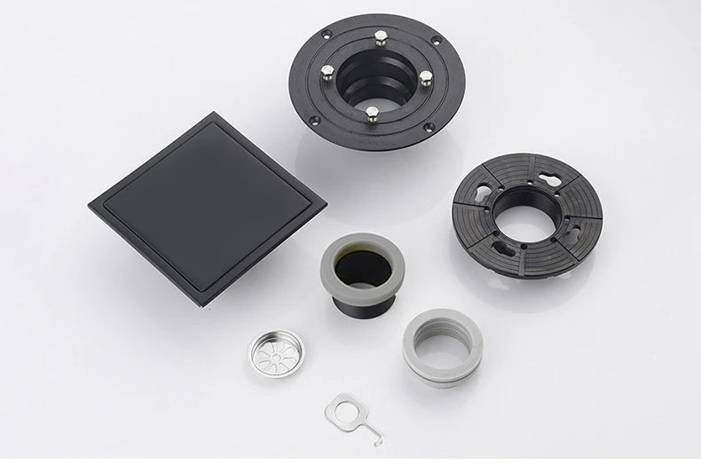 Square Shower Drain Tile Insert Anti Odor Stainless Steel Floor Drain Kit with Removable Grate Cover Hair Strainer Black Gold