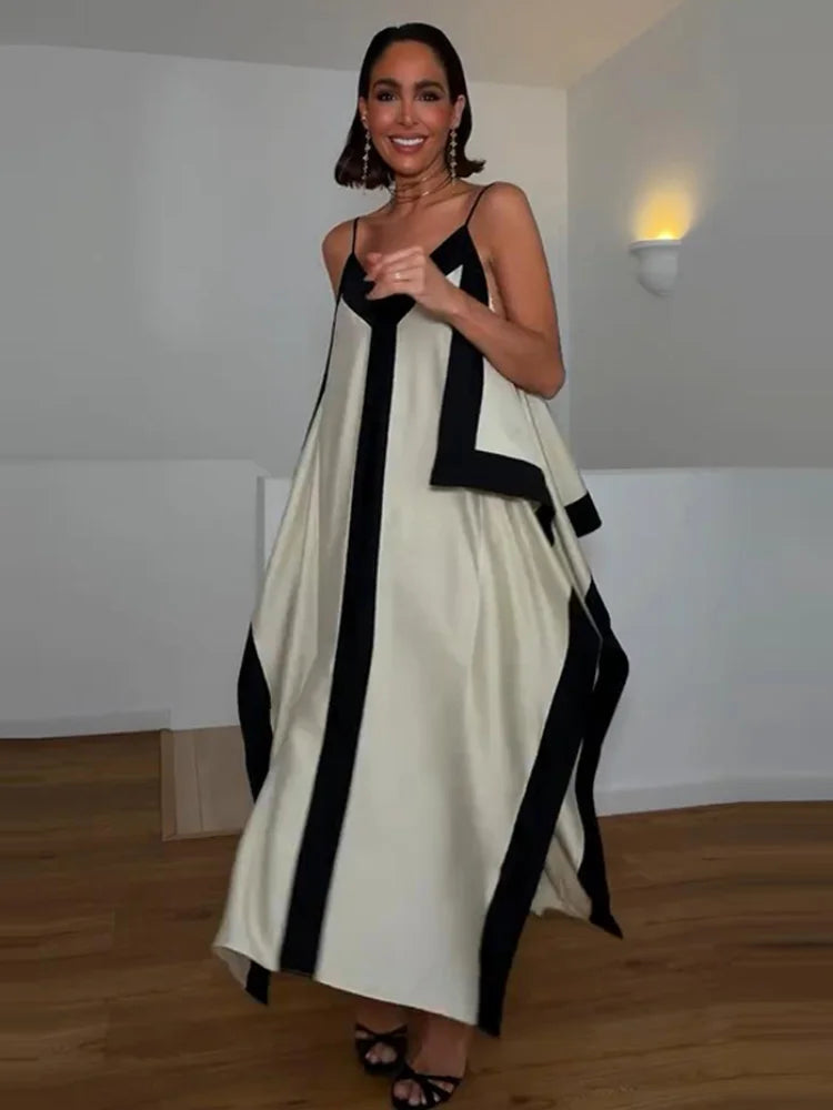 Contrast Black Trim Satin Cami Maxi Dress Deep V Neck Loose Flowy Ruffle Hem Lady Long Gown 2026 Summer Formal Vacation Dresses