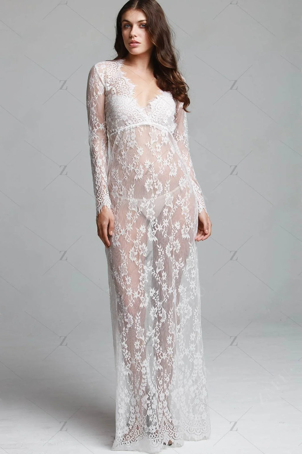 Fashionable Sexy Deep Collar Long Sleeve Lace See-through Bodycon Gown Trendy Women's Dress Elegant Draped Evening Dress