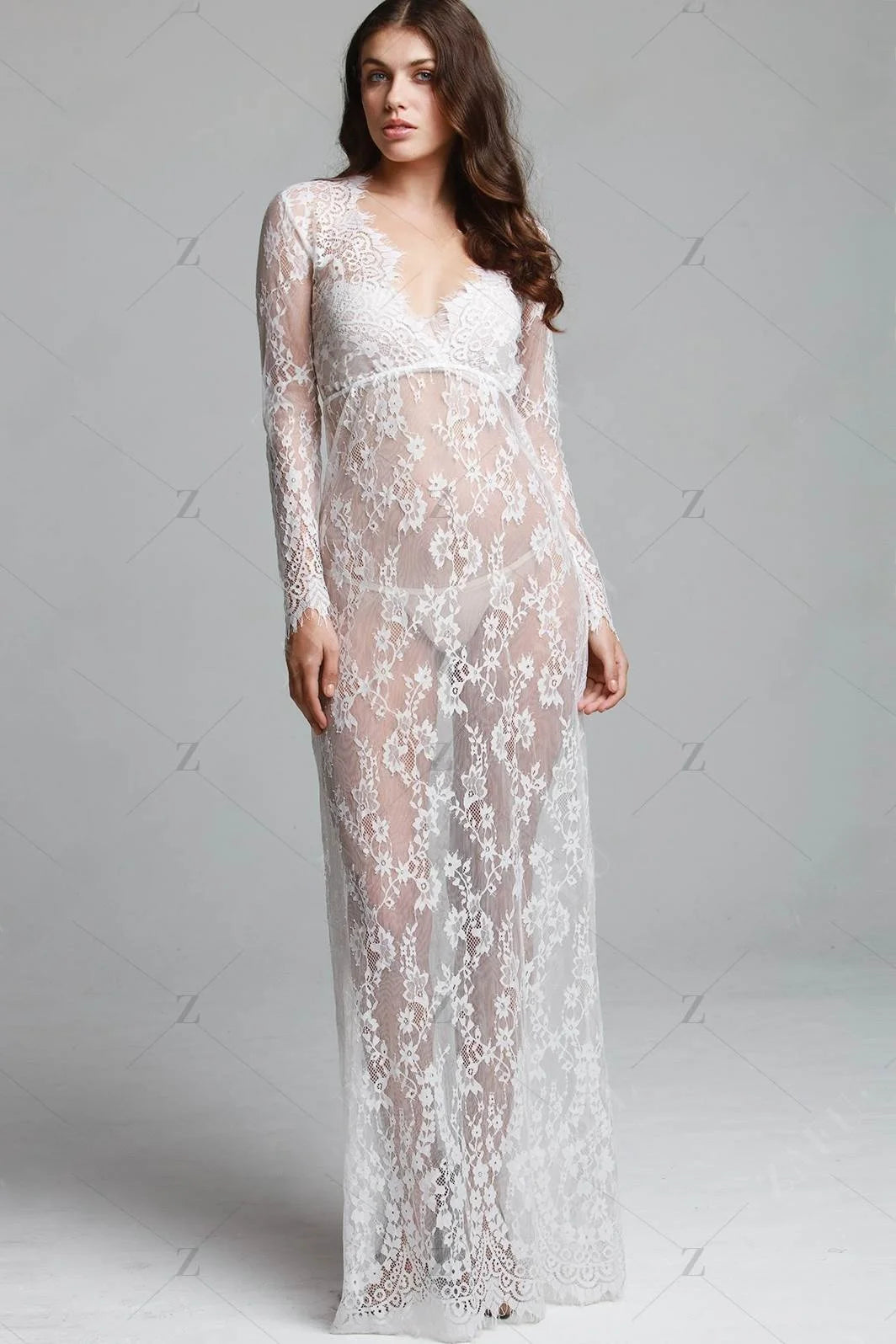 Fashionable Sexy Deep Collar Long Sleeve Lace See-through Bodycon Gown Trendy Women's Dress Elegant Draped Evening Dress