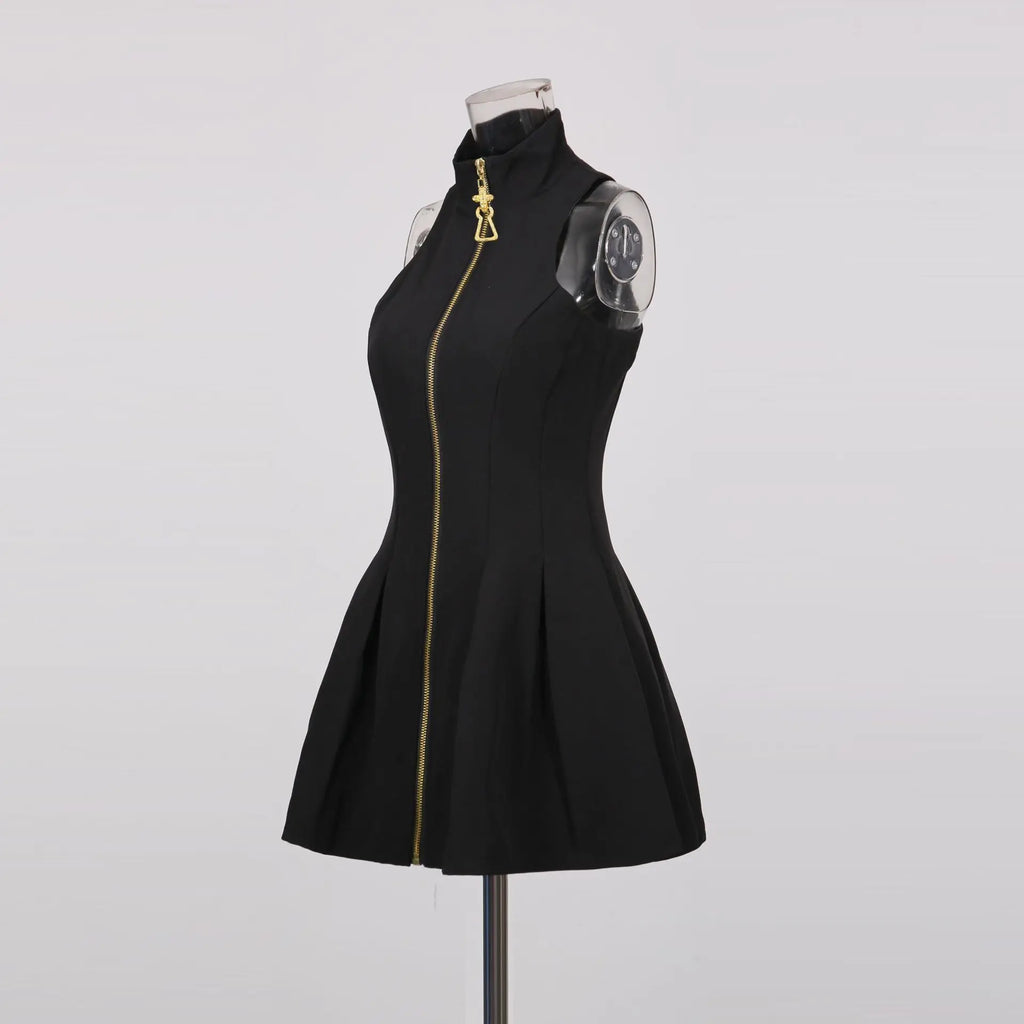 Sexy Pure Desire Vest Short Skirt Women's Dress High Waist No Sleeve round Neck Polyester Fiber Pure Color Autumn New Design