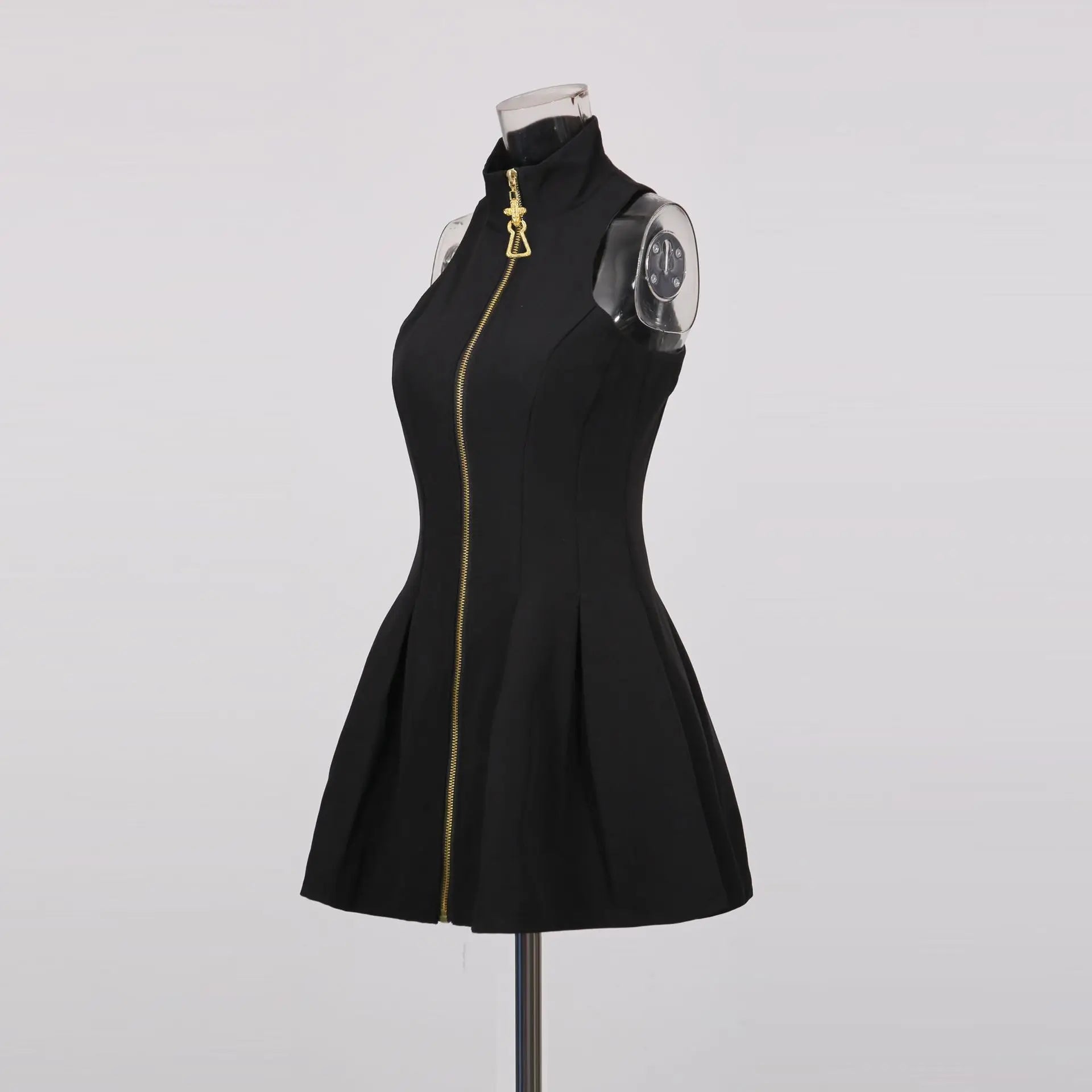 Sexy Pure Desire Vest Short Skirt Women's Dress High Waist No Sleeve round Neck Polyester Fiber Pure Color Autumn New Design