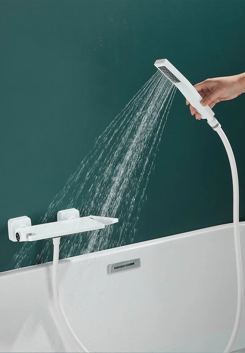 Brushed Gold Waterfall Bathtub Shower Faucet Set Bathroom Bathtub Mixer Taps Hot and Cold Shower Faucet Wall Mounted Bathtub Tap