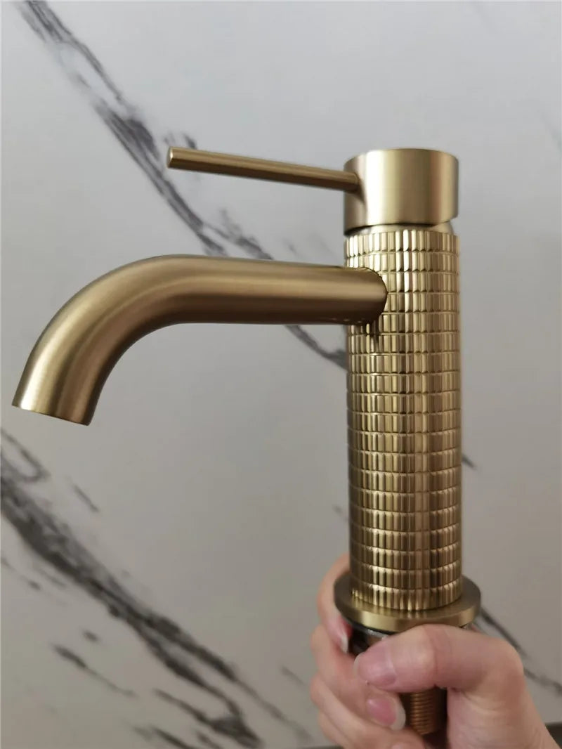 Brushed Rose Gold Bathroom Faucet Brushed Gold Basin Faucet Art Carved Sink Tap Hot & Cold Grey Lavatory Faucet Crane Water Tap