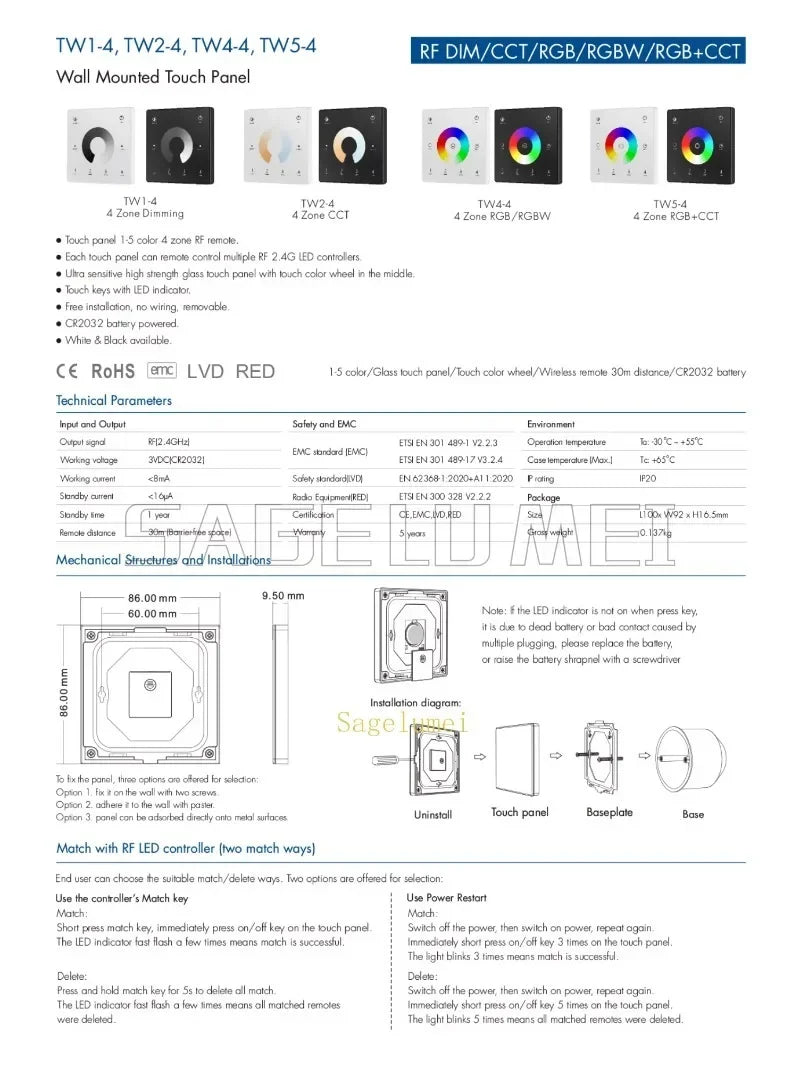 Wall Touch Panel TW1-4/TW2-4/TW4-4/TW5-4 2.4G RF 4 Zone Dimmer Switch Controller for Single Color/RGB RGBW/RGBCCT LEDStrip Light