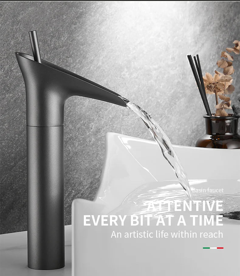 Bathroom Basin Faucet Sink Mixer Gun Grey Color Hot Cold Water Mixer Deak Mounted Waterfall Style Copper Sink Taps FR651