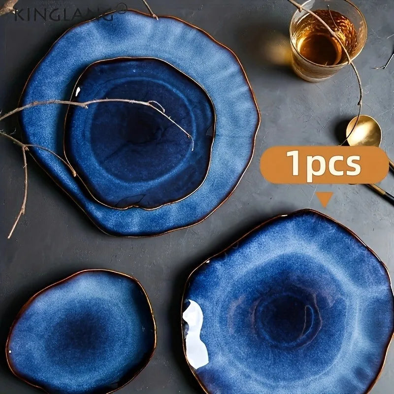 Nordic Style Blue Kiln Turned Ceramic Food Plate Steak Pasta Western Cuisine Plate Kitchen Utensils Dining Table Decoration