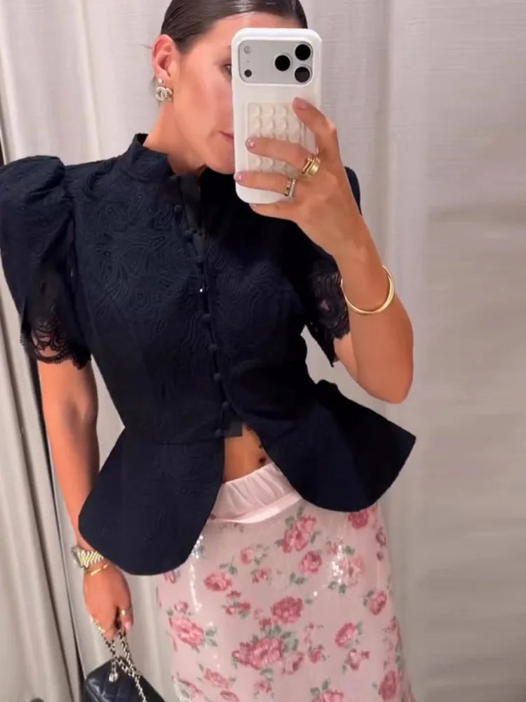 Lace Cutout Peplum Jacket Stand Collar Puff Sleeve Button Front Waist Cinched 2026 Summer Autumn Fashion Women Elegant Top
