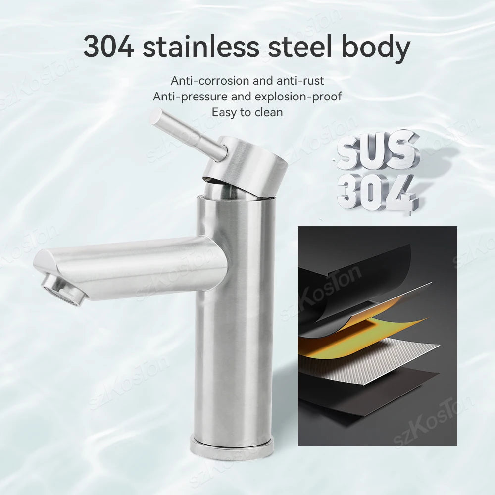 Bathroom Faucet Hot Cold Sink Faucet Single Hole Round/Square Stainless Steel Tap Deck Mounted Bathtub Counter Basin Faucet