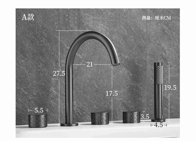 Gray Luxury Brass Deck-Mounted 5-Holes Bathroom Bath Tub Rotating Faucet Mixer Bathtub Basin Water Tap With Spray 3 Handles