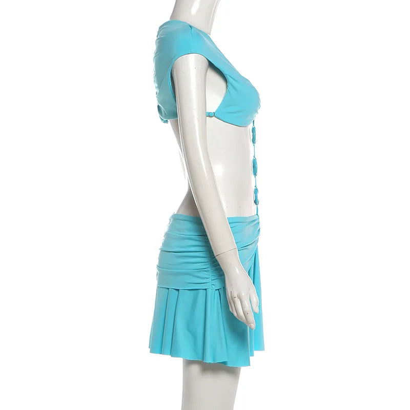 Blue Deep V Waist Cut Out Mini Dress Three Ring Connector O Ring Detail Ruched Sexy Beach Music Festival