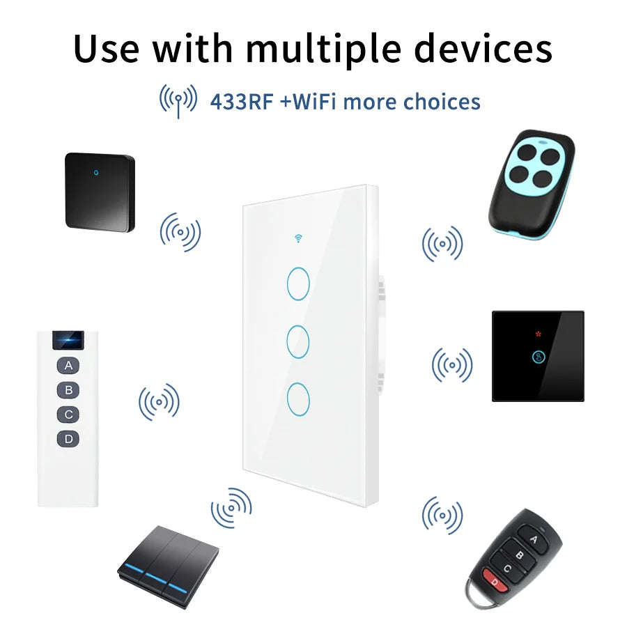 Smart Wifi Touch Switch Neutral Wire/No Neutral Wire Required US 1/2/3/4 Gang Light Switch Works with Tuya Smart Life App
