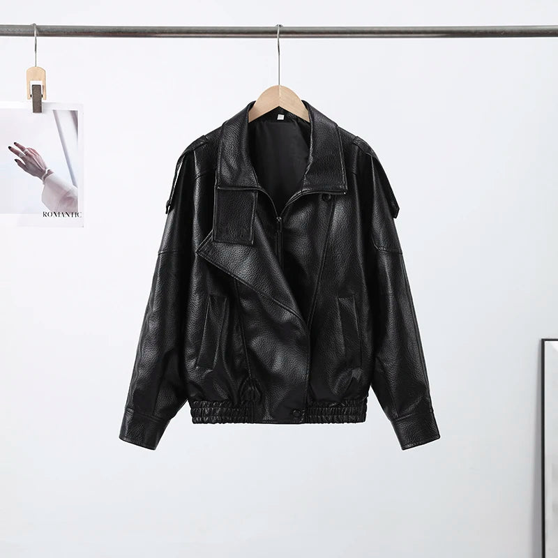Fashion Black Faux Leather Short Jackets Women Retro High Neck Long Sleeve Oversized Coats Lady Autumn Winter Classic Streetwear