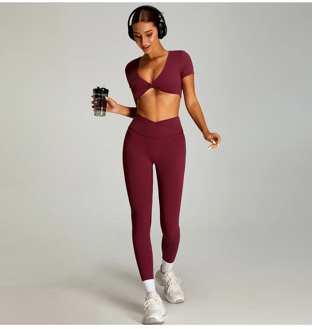 mikeyoga Women Yoga Suit 2PCS Sports Set Quick-Drying Gym Set Women Tracksuit Running Workout Short Sleeves Sports Yoga Clothing