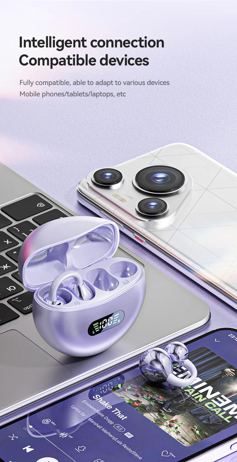 Lenovo Open Ear Clip On Headphones Wireless TWS Earbuds Noise Reduction Low Latency LED Display for Sports Running Gaming