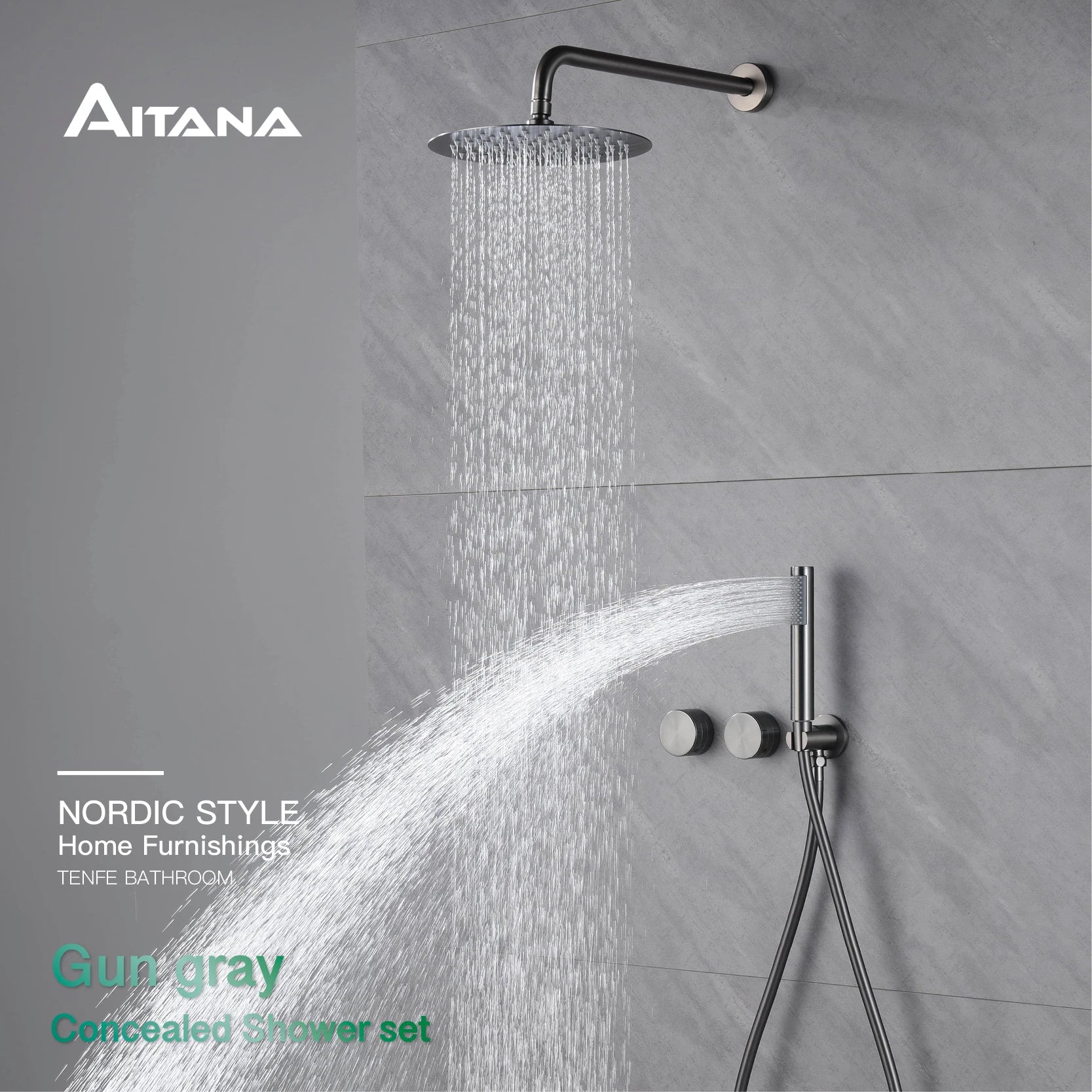 Luxury Gun Gray Brass Wall Mounted Shower System with Embedded Design, Dual Handle Hot and Cold Water, Simple Bathroom Faucet
