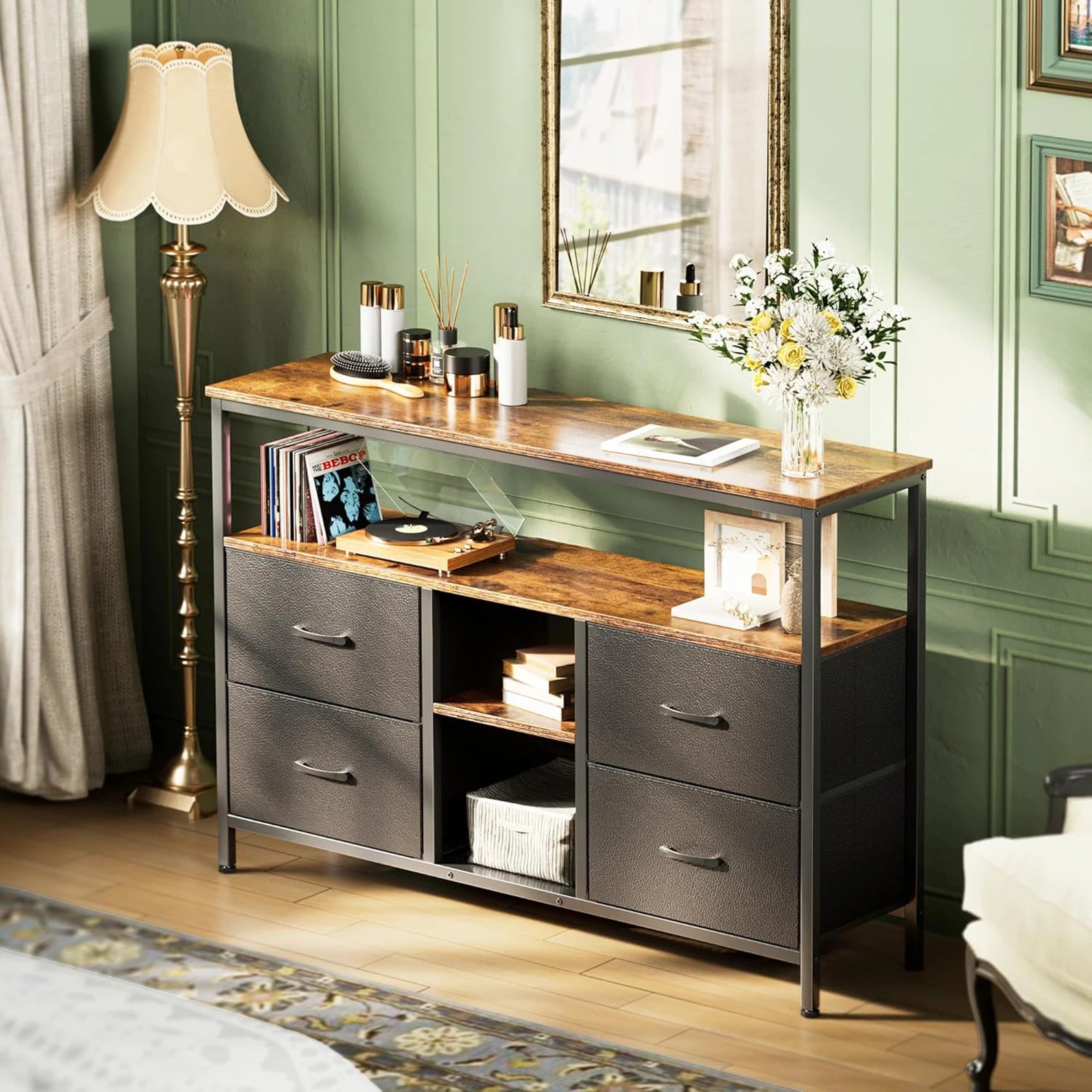 Rosahqnda TV stand with 4 drawers, TV cabinet, , adjustable shelves, TV table, TV cabinet living room furniture