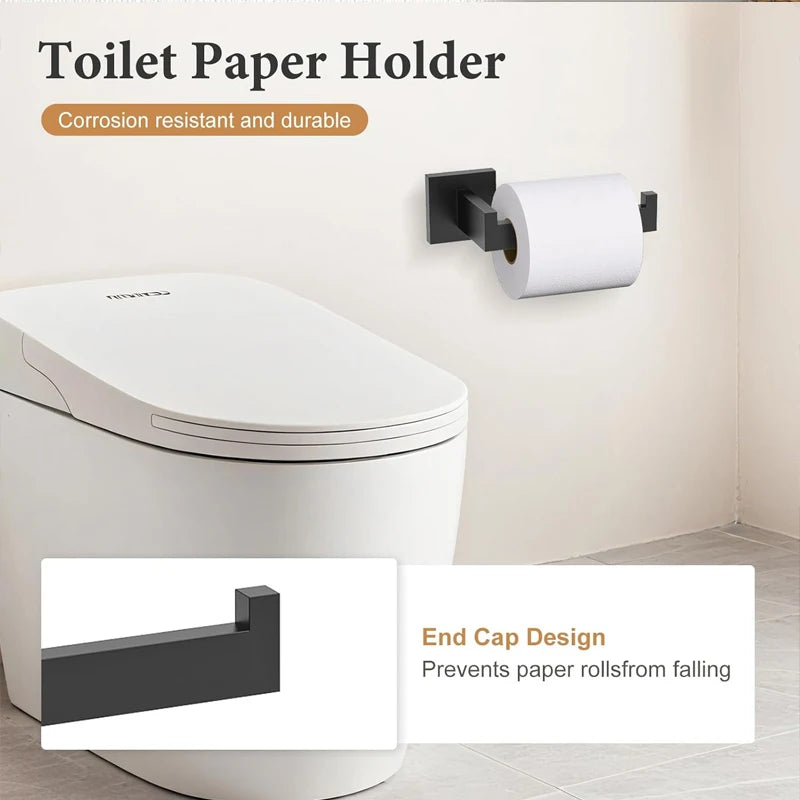 Bathroom Hardware Set Matte Black SUS304 Stainless Steel Toilet Paper Holder Robe Hook Towel Bar Modern Square Wall Mount