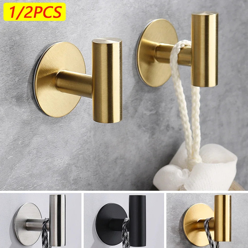 2PCS Adhesive Wall Hook Stainless Steel Robe Sticker Hooks Towel Coat Key Pants Hangers Bathroom Kitchen Storage Accessories