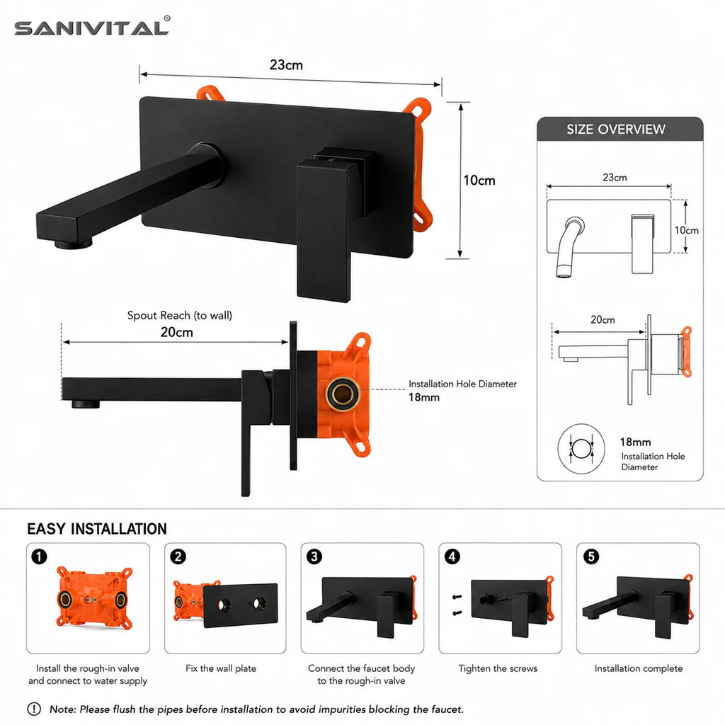 SANIVITAL Wall Mounted Bathroom Faucet Matte Black Basin Mixer Tap Single Handle Hot Cold Water Sink Faucet