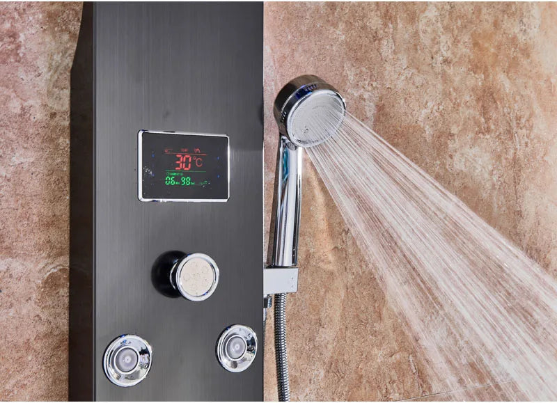 LED Light Bathroom Shower Panel Intelligent LCD Shower Column System with 6 Modes Rain Waterfall Massage Jet Bath Mixer Tap