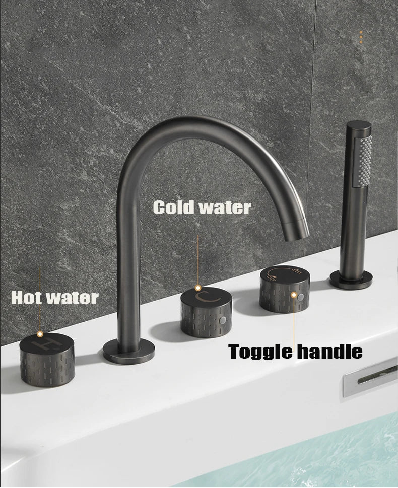 Gray Luxury Brass Deck-Mounted 5-Holes Bathroom Bath Tub Rotating Faucet Mixer Bathtub Basin Water Tap With Spray 3 Handles