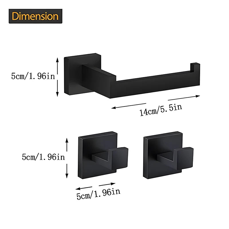 Bathroom Hardware Set Matte Black SUS304 Stainless Steel Toilet Paper Holder Robe Hook Towel Bar Modern Square Wall Mount