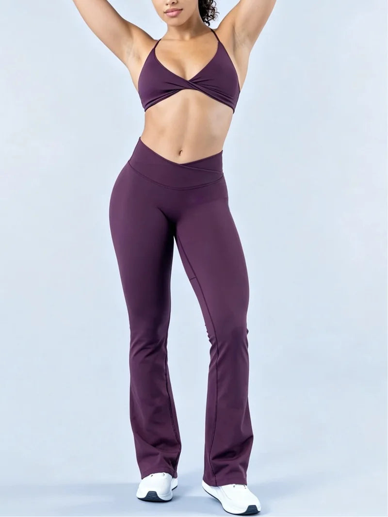 2Pcs Yoga Set Seamless Women Twist Front Sports Bra and Vision Flares Leggings Sets Scrunch Butt Cross Waist Gym Flare Pants Set